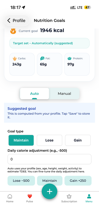 Calorie Goal in the DiabetesConnect app